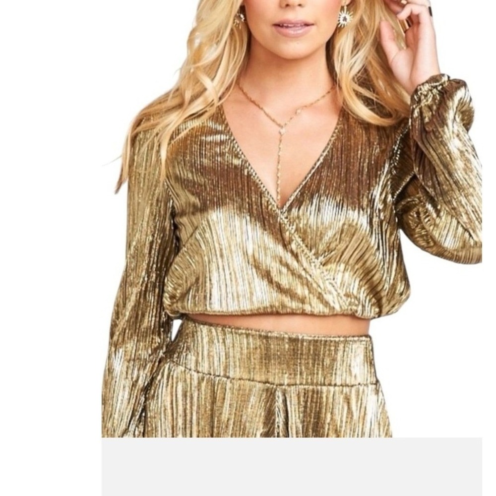 Show Me Your Mumu Blouse Large Gold Metallic Pleated Wrap Crop Long Sleeve‎